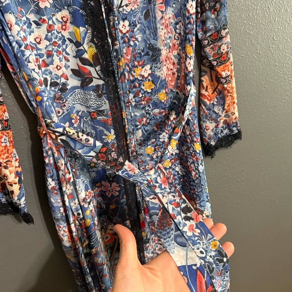 Hemant & Nandita 100% Silk Blue Floral Lace Trim Long Sleeve Maxi Dress Size M - Picture 7 of 8